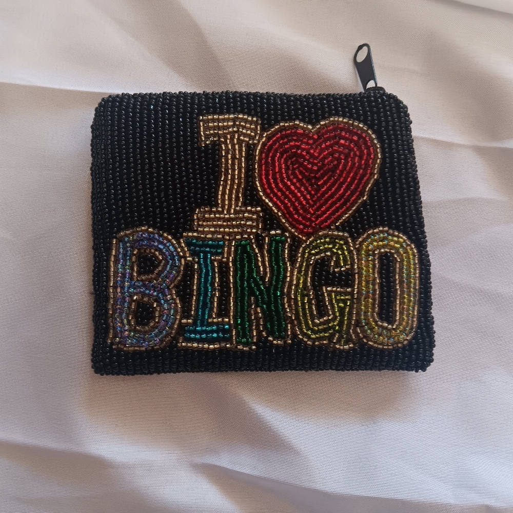 Beaded 'I Love Bingo' Black Coin Purse